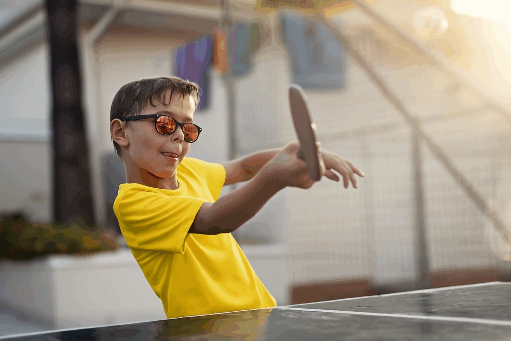 Junge spielt Tischtennis im Sommer